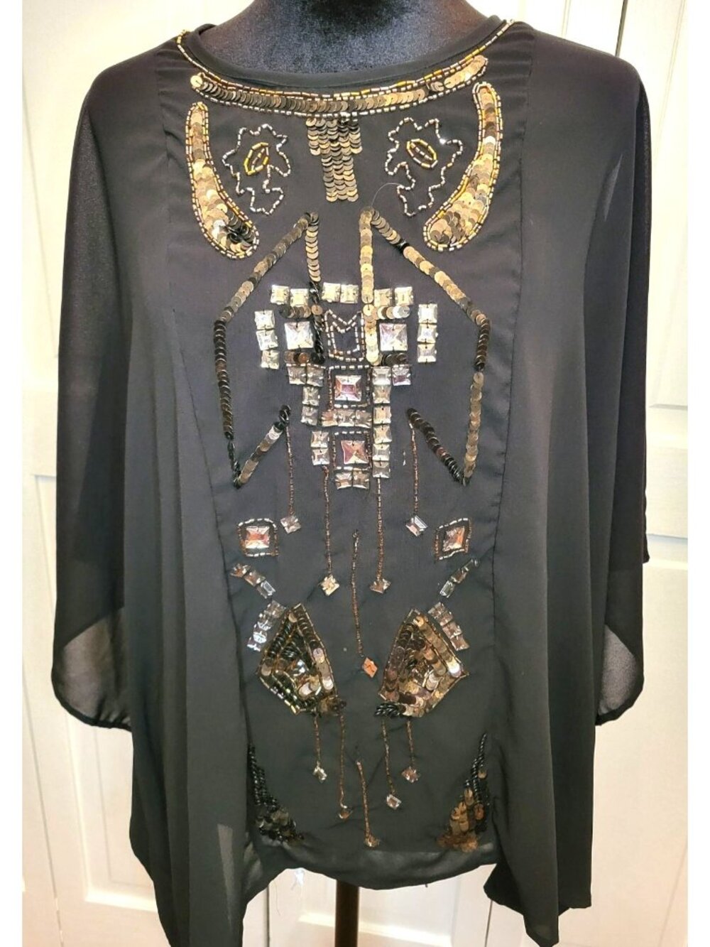 Madison Black Sheer Poncho Gold Sequined Jeweled M Whimsygoth Boho Glam Party